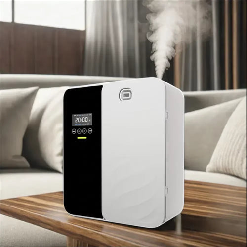 1000m³ aroma diffuser machine, a waterless diffuser for home with Bluetooth and digital display on a wooden table.