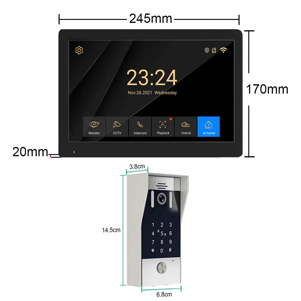 5in1 Unlock Doorbell 10inch 1080P Touch Monitor Video Intercom System Home intercom with Fingerprint IC Card Unlock for apartmen