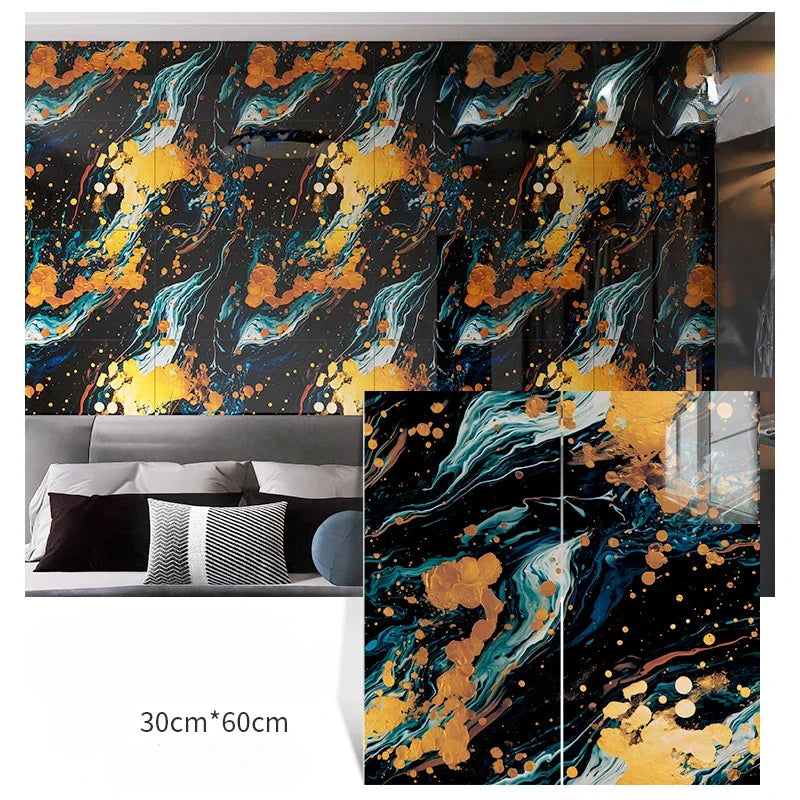 Marble-effect tile wall stickers, dark blue with teal and orange speckles, 30x60 cm