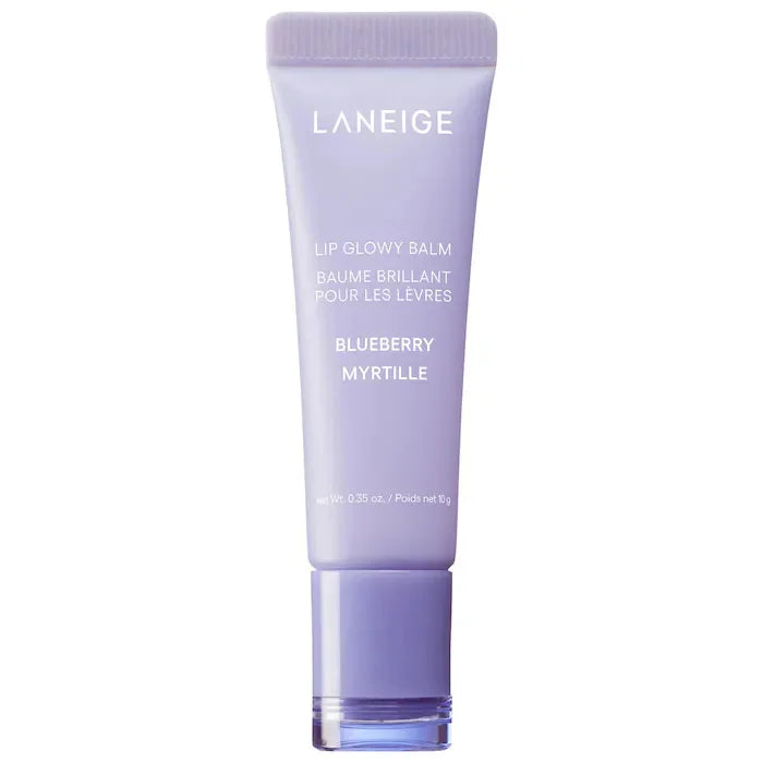 Laneige Lip Glowy Balm in Blueberry, a smoothing and hydrating lavender-colored lip moisturizer for daily use.