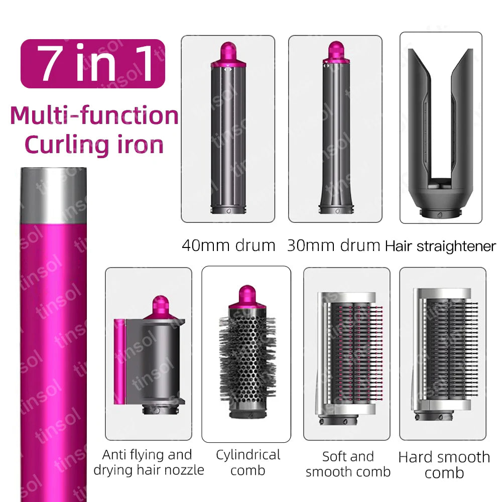 7-in-1 pink high-speed hair dryer set with curling barrels, straightening, and volumizing styling brush attachments.