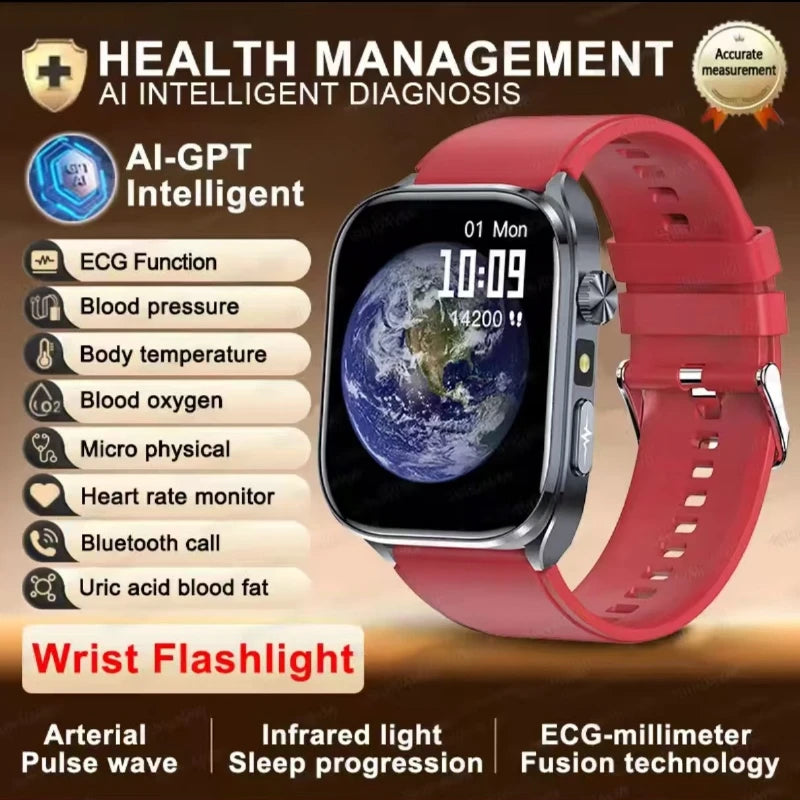 Smartwatch with red silicone strap, round display showing world map and time 10:09
