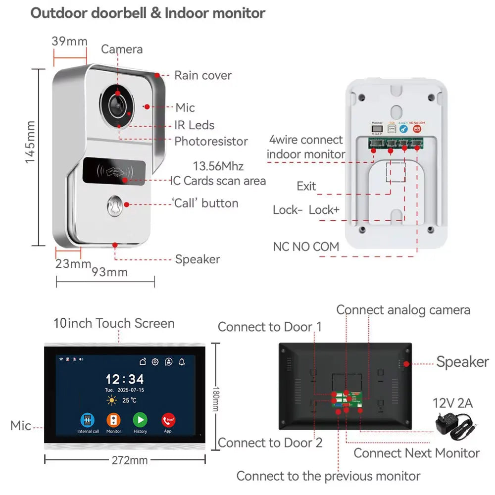 New 4-Wire TUYA Smart Video intercom doorbell Wired 1080P Waterproof Camera 5G WIFI 7/10inch IPS Touch Screen Support IP CCTV