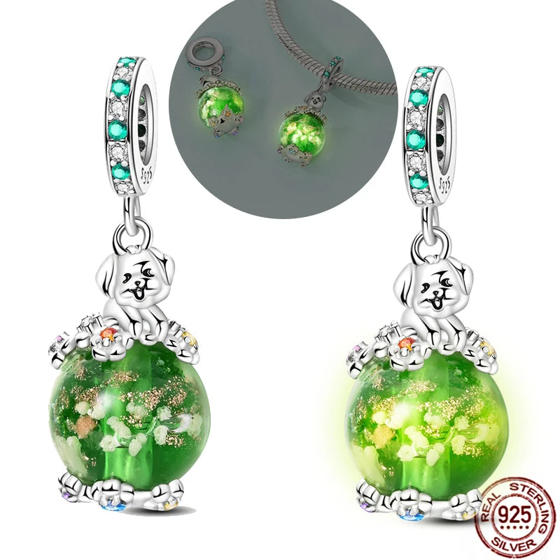 Real 925 sterling silver puppy dog charm for bracelets with green glow-in-the-dark bead, perfect for pet lovers.