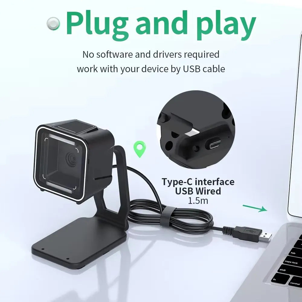Desktop barcode scanner with Type-C USB wired cable and removable stand base
