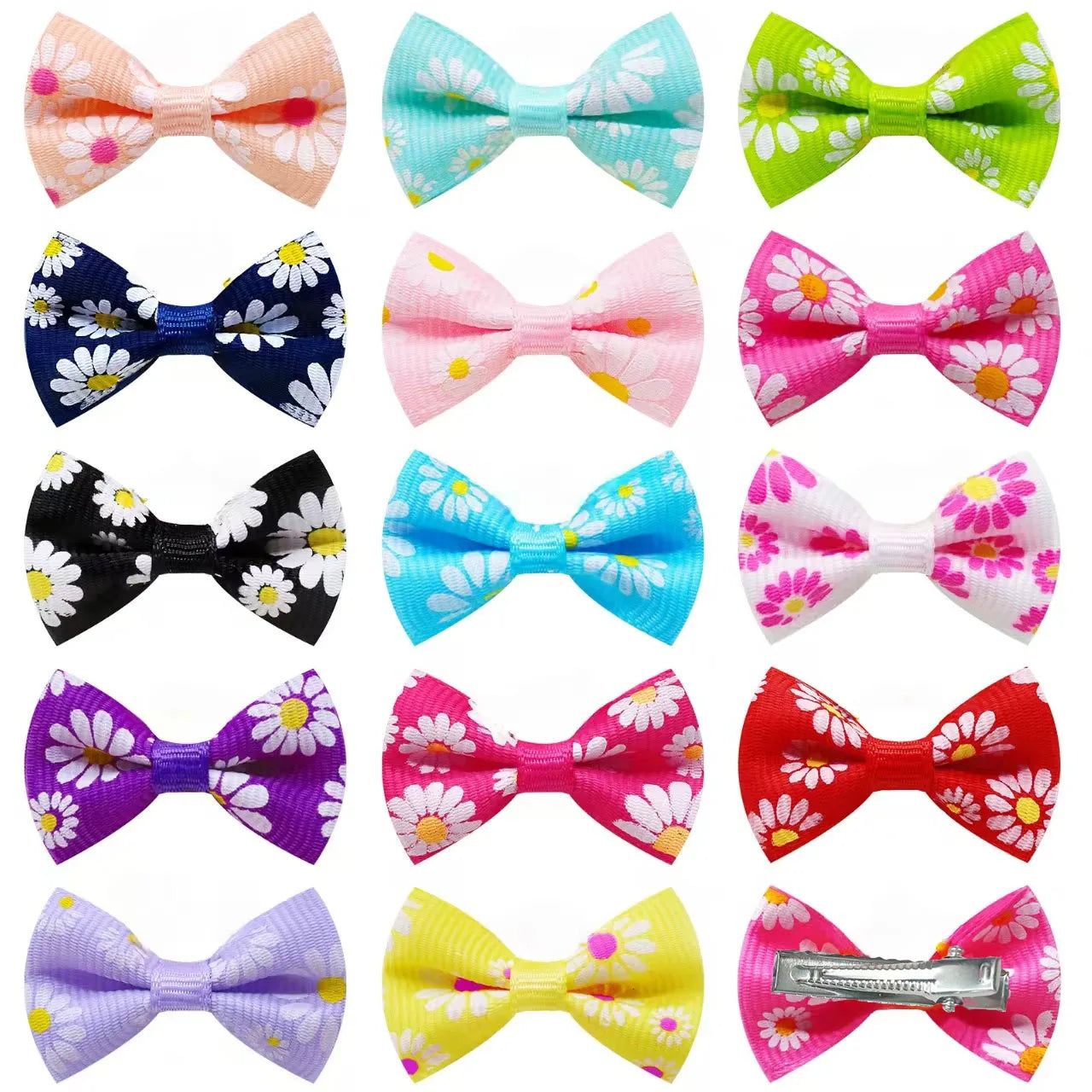 Colorful daisy bow hair clips for small dogs and cats, durable ribbon grooming barrettes for cute pet styling.