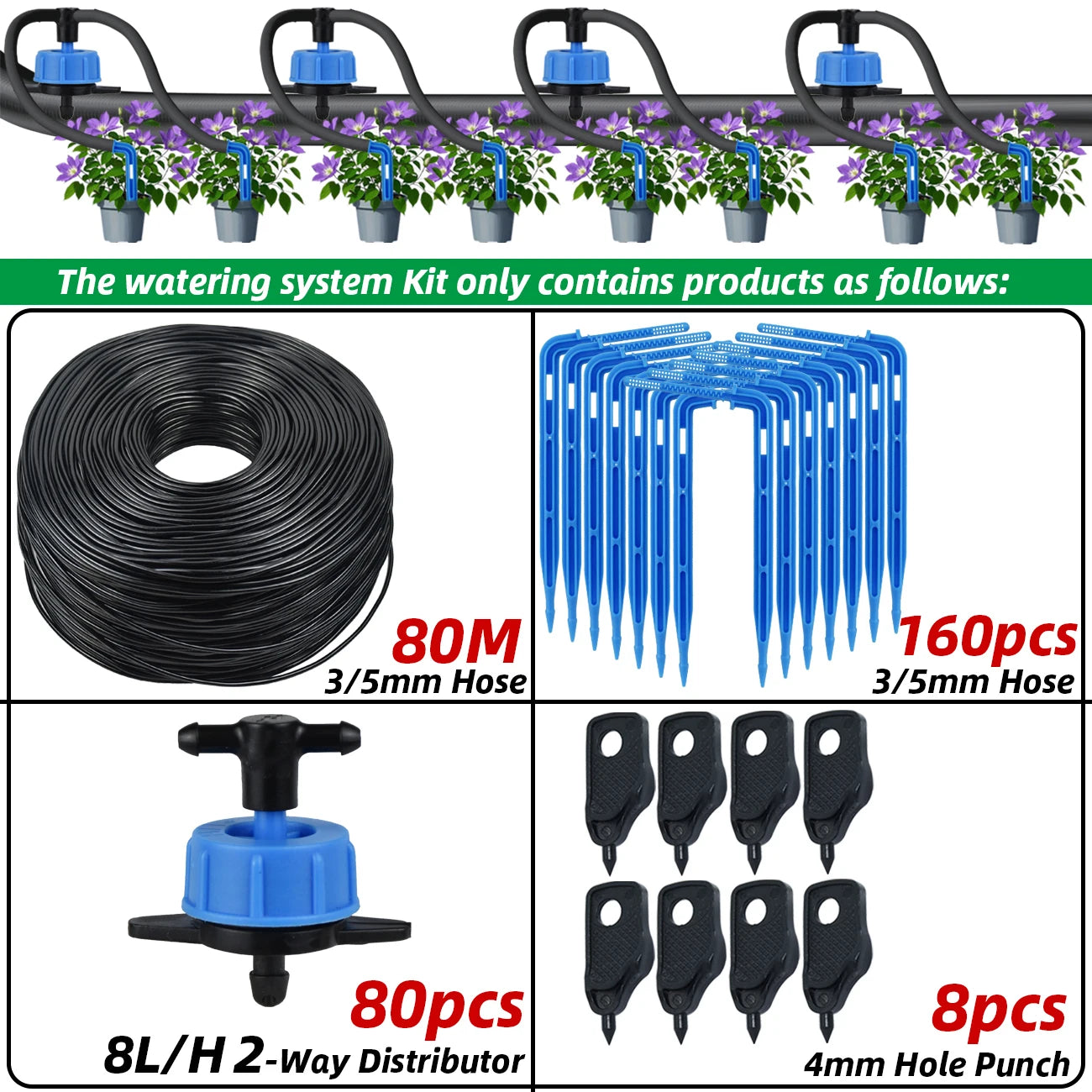 2-way drip irrigation kit with blue 3/5mm hose coil, black drippers and hole punch set