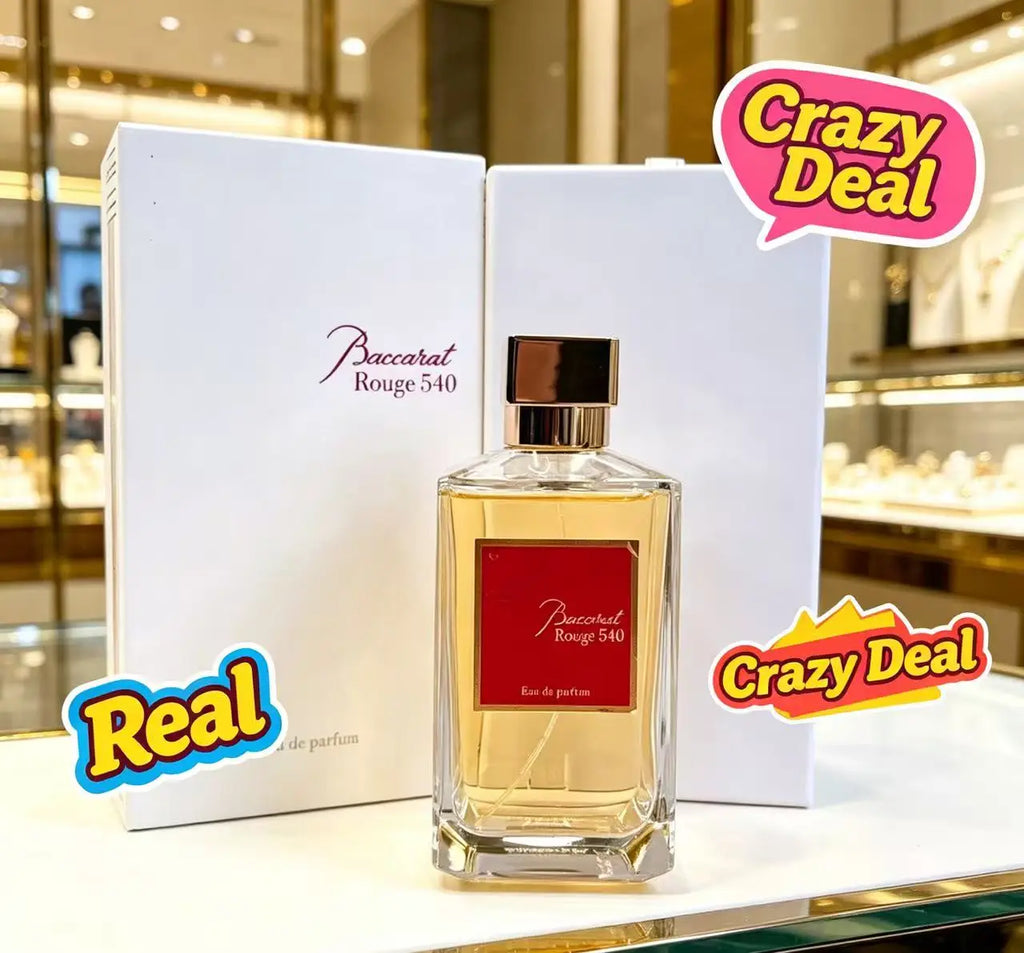 Baccarat Rouge 540 Eau de Parfum: unisex glass bottle with red label and gold cap. Luxury long-lasting fragrance.
