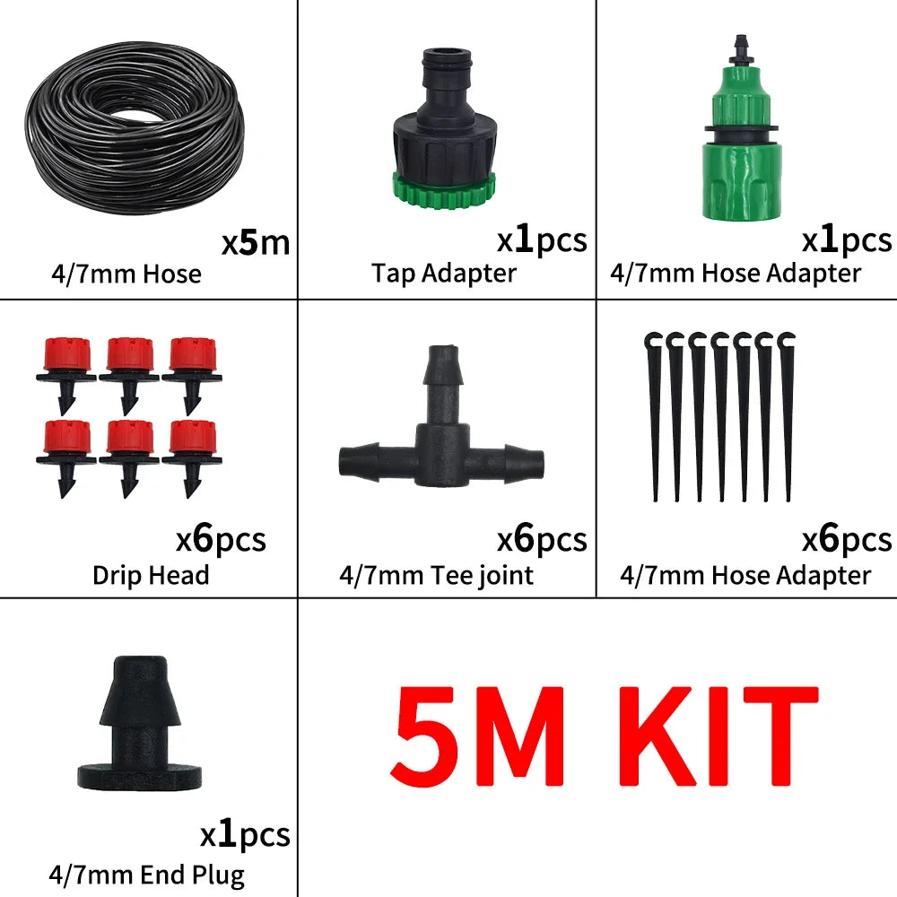 5m micro drip irrigation kit with black hose, tap adapter, tee joint, drip heads, plugs