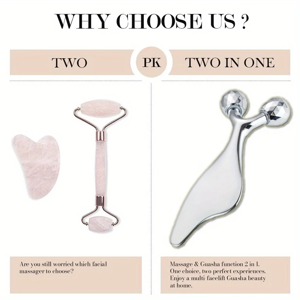 Comparison graphic showing a pink rose quartz gua sha and roller set alongside a silver 3D metal facial massager tool.