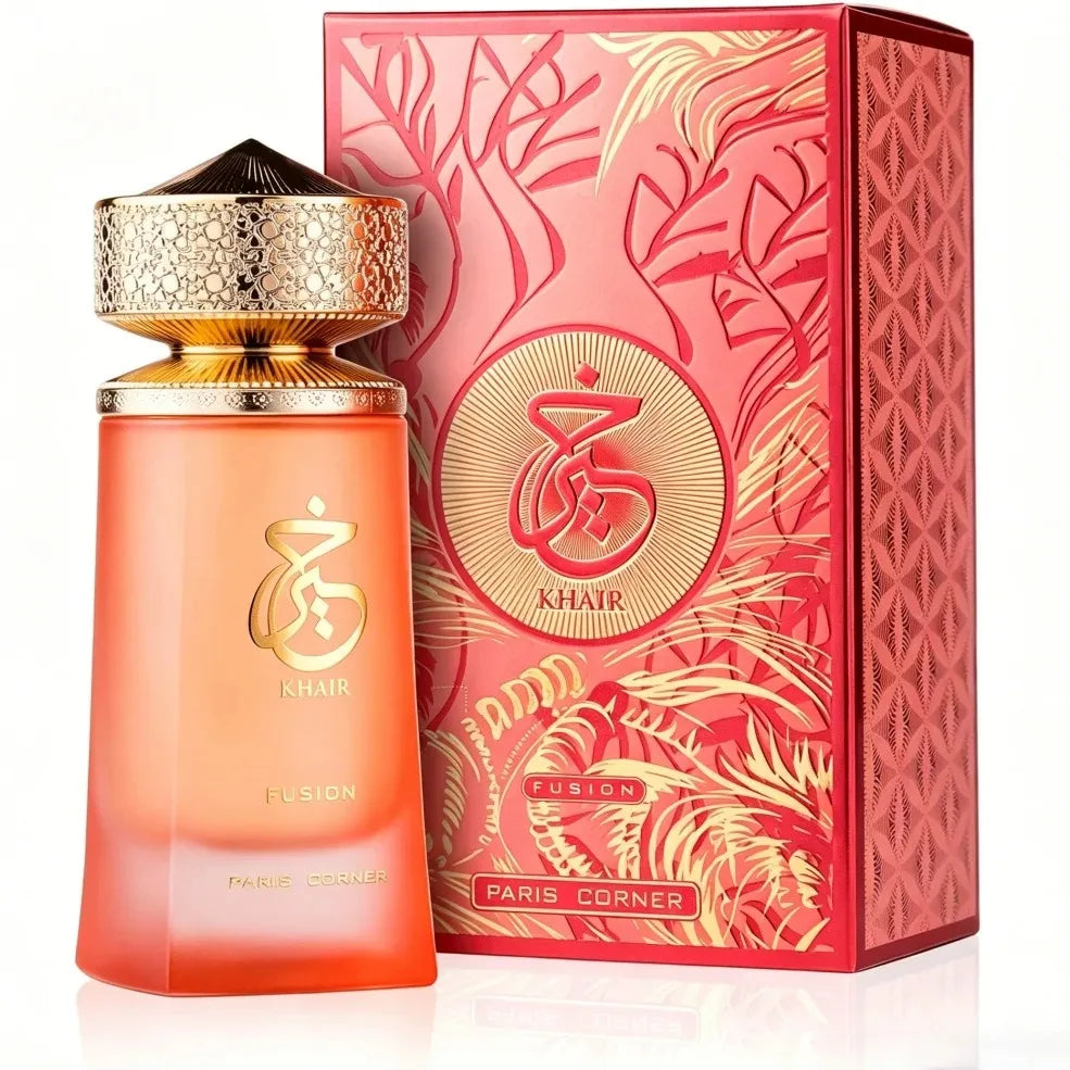 Paris Corner Khair Fusion EDP: Unisex Arabian perfume, 100ml, orange frosted bottle with ornate gold cap and box.