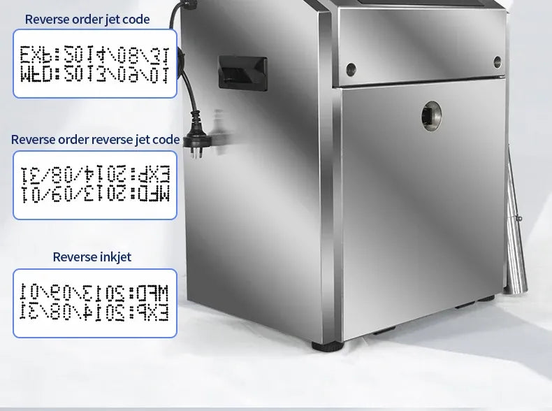 Stainless inkjet printer with reverse-order code examples on product surface