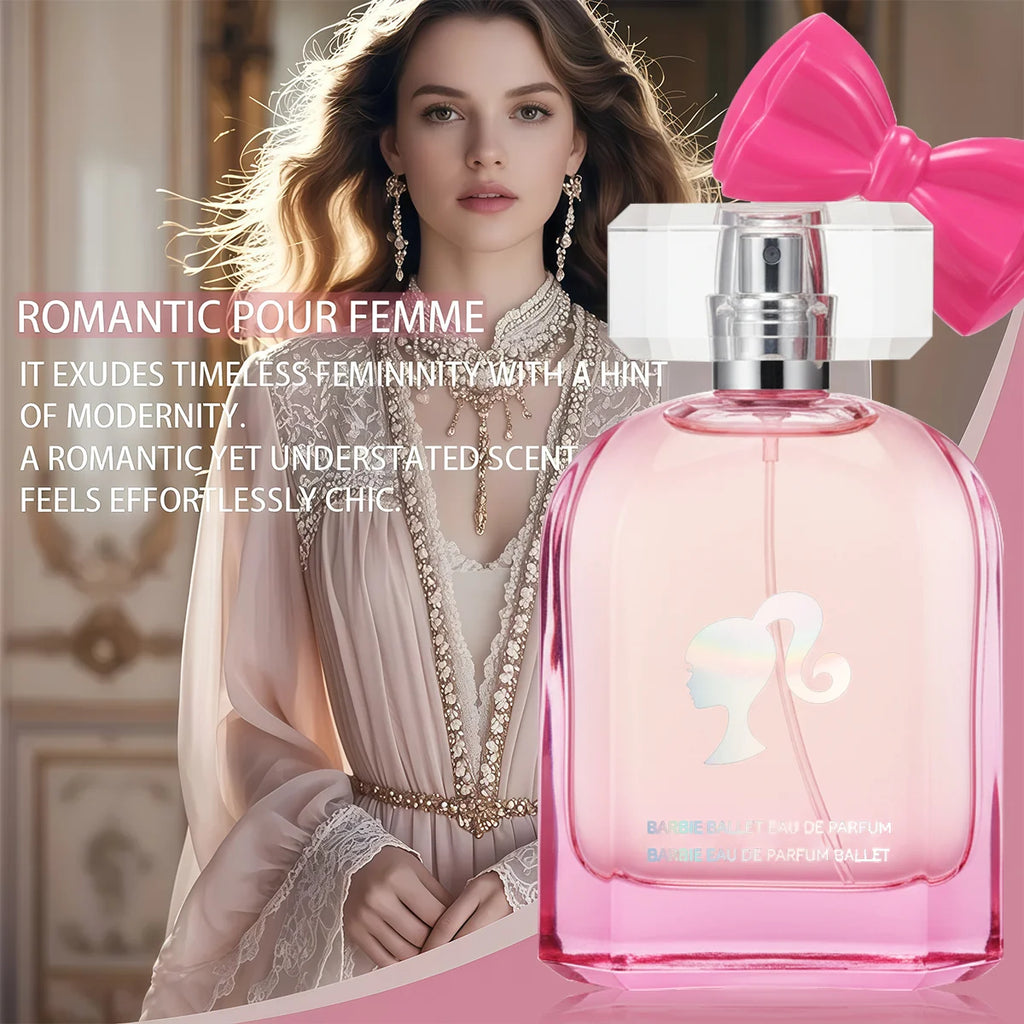 MINISO x Barbie Eau de Parfum: Floral fruity women's fragrance in a pink bow-topped bottle, perfect for a gift.