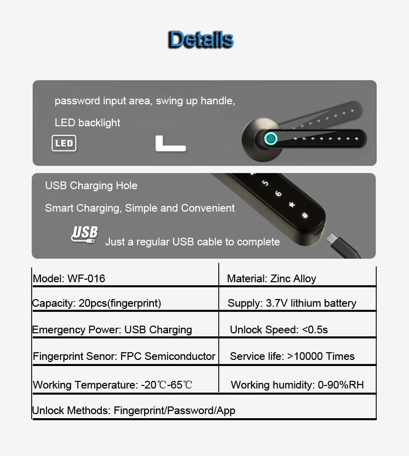 WAFU 016 Smart Lock Fingerprint APP Unlock Keyless Entry Works With iOS/Android Door Bluetooth-Compatible Password Handle Lock