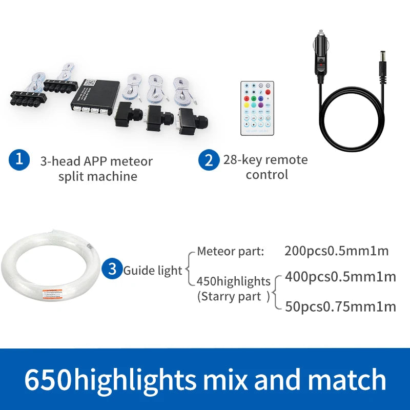 12V car fiber optic meteor splitter kit with 3-head module, app control, and remote