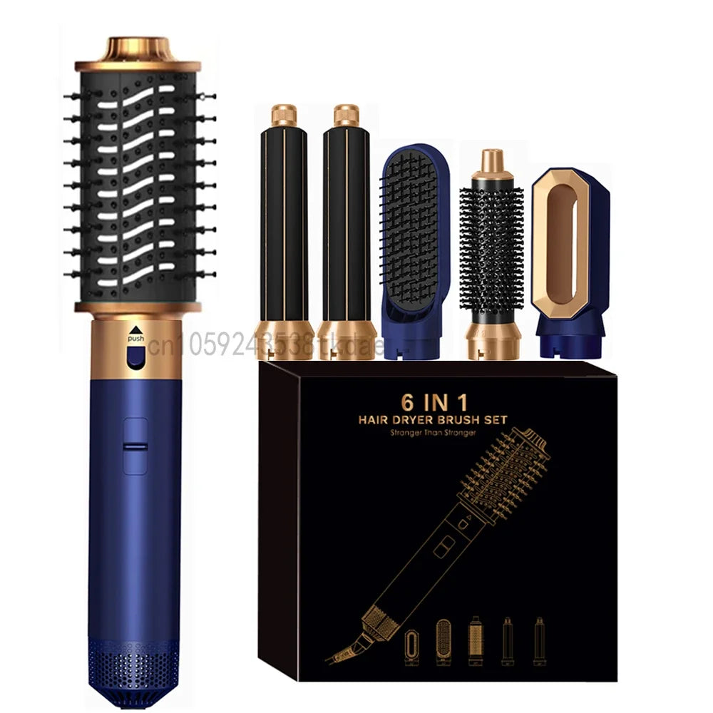 6-in-1 negative ion hair dryer brush set in blue and gold with 5 interchangeable styling attachments and gift box.