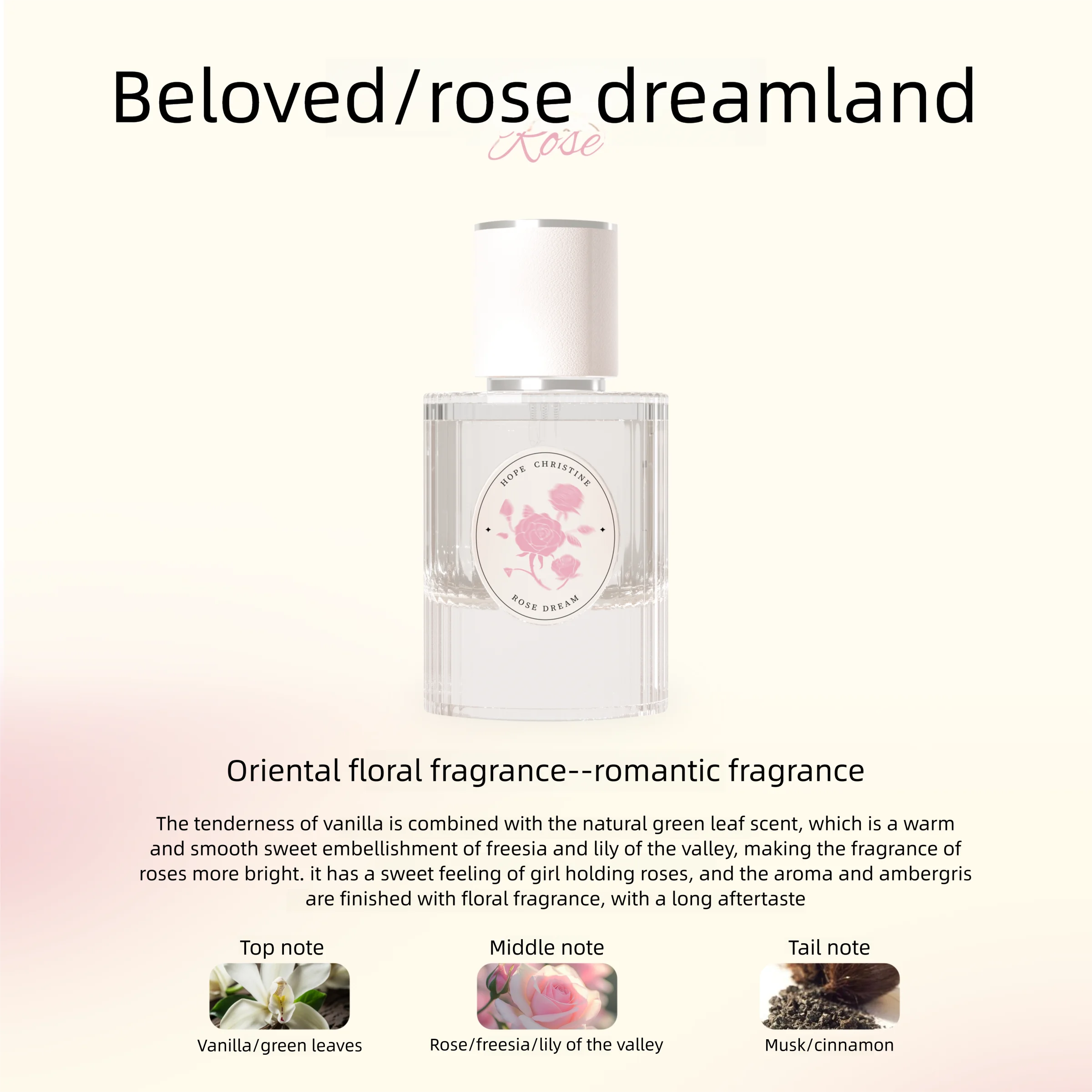 Hope Christine Rose Dream 50ml floral perfume for women. Round glass bottle with rose notes, vanilla, musk, and amber.