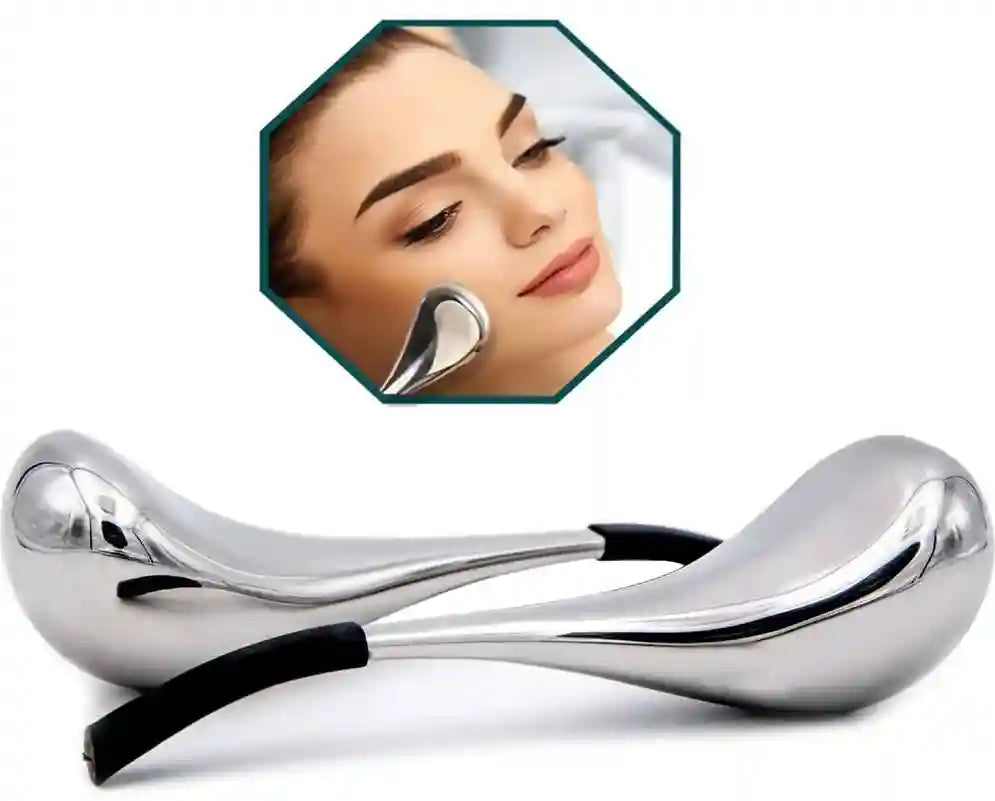 Two silver, pear-shaped stainless steel facial cooling globes with black handle grips for soothing skin massage.