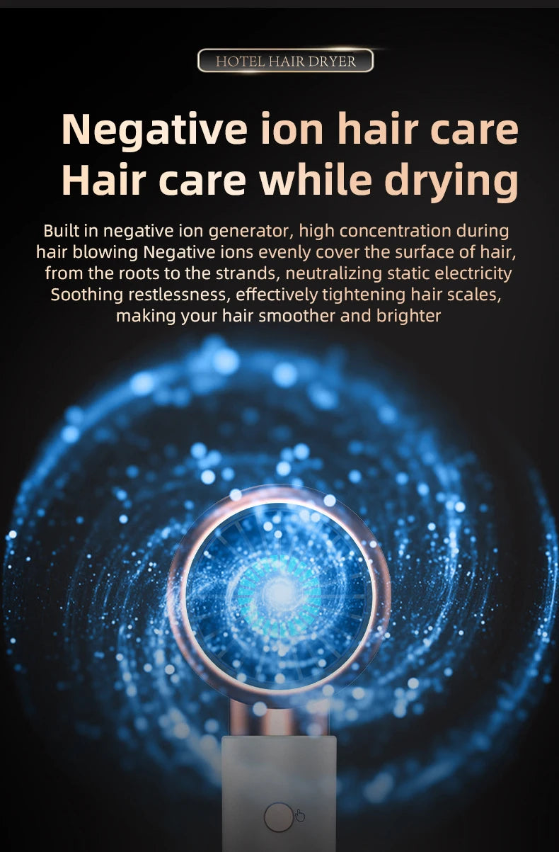 Wall-mounted negative ion hair dryer with blue light technology, modern sleek design for home or hotel bathroom use.