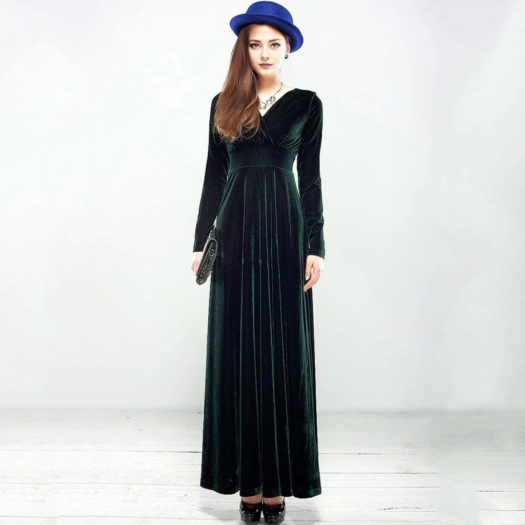 Vintage Women Autumn Long Sleeve V Neck Pleated Velvet Banquet Party Maxi Dress Party Wedding Elegant Evening dress 
