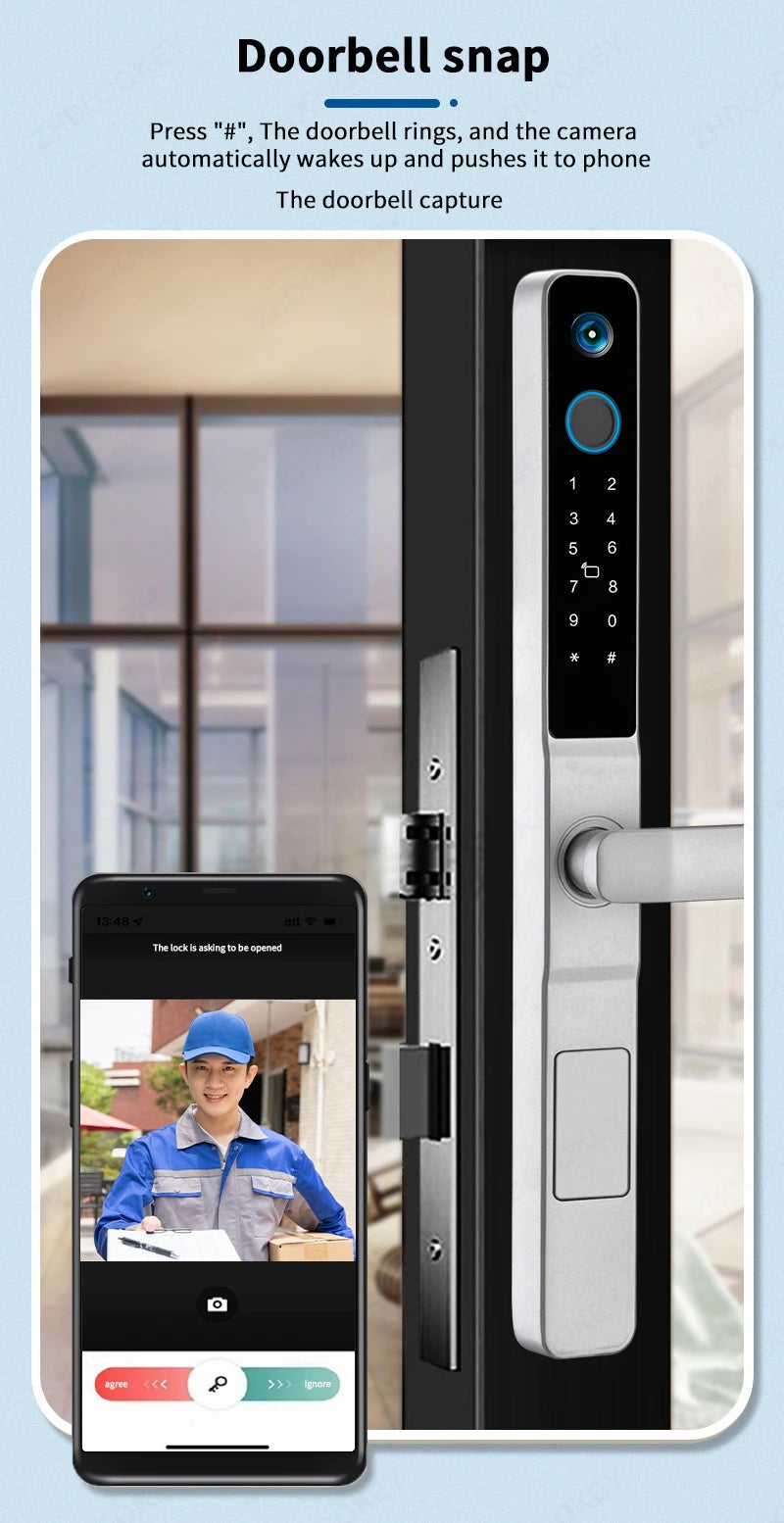 Smart Lock with Camera Door Viewer Waterproof IP66 Tuya WiFi Fingerprint Password Sliding RFID Card Sliding Electronic Door Lock