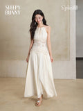 Lace Halter Maxi Dress Women Summer A-Line Slim Fit French Style Elegant Long Dress Hollow Out Sleeveless Fake Two-Piece Outfit