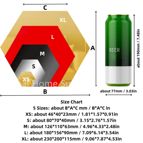 Hexagon mirror sticker size chart showing XL, L, M, S, and XS hexagon outlines