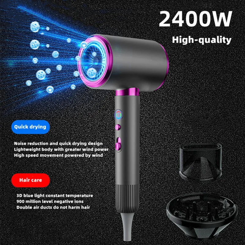 2400W high-speed negative ion hair dryer, grey and purple design with concentrator and diffuser attachments.
