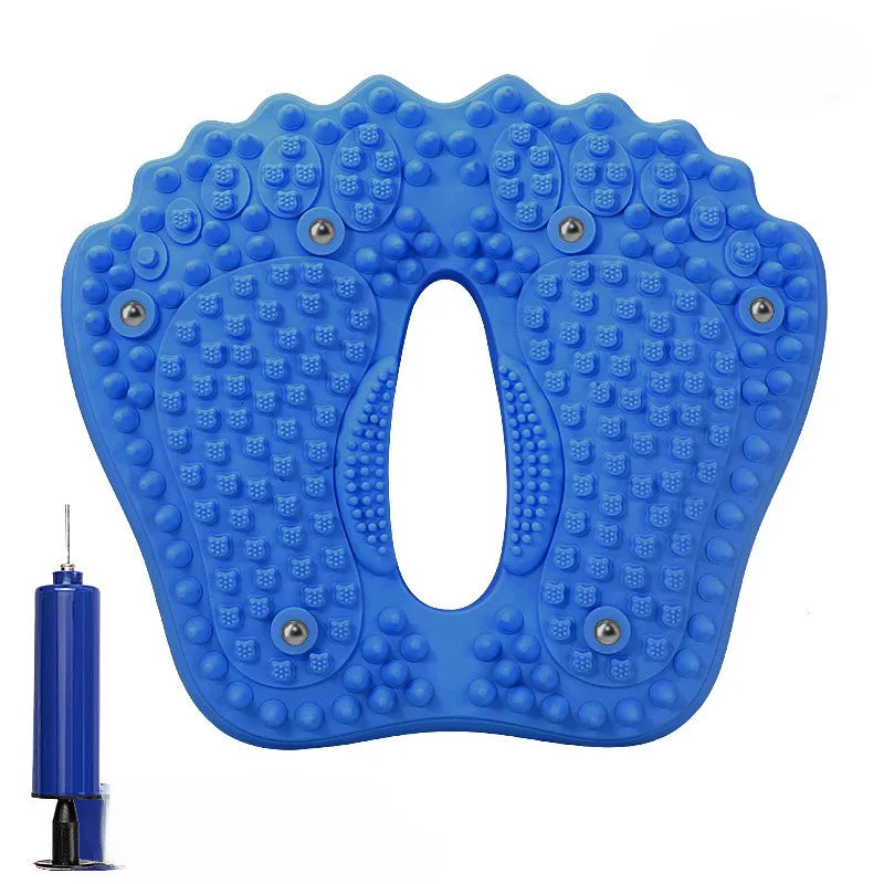 Blue, foot-shaped inflatable acupoint massage mat with textured nodes and embedded magnetic stones, plus an air pump.