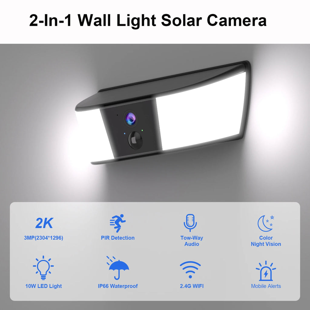 2K Solar Camera Wall Light Outdoor Surveillance Camera 5200mAh Battery Camera Color Night Vision Local Alarm Humanoid Detection