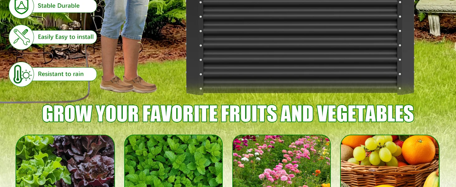 Galvanized metal raised vegetable tray, 240/gallons, open base, rustproof corrugated steel for vegetables, herbs and flowers, quick assembly in 10 minutes for outdoor gardening, patio and yard.