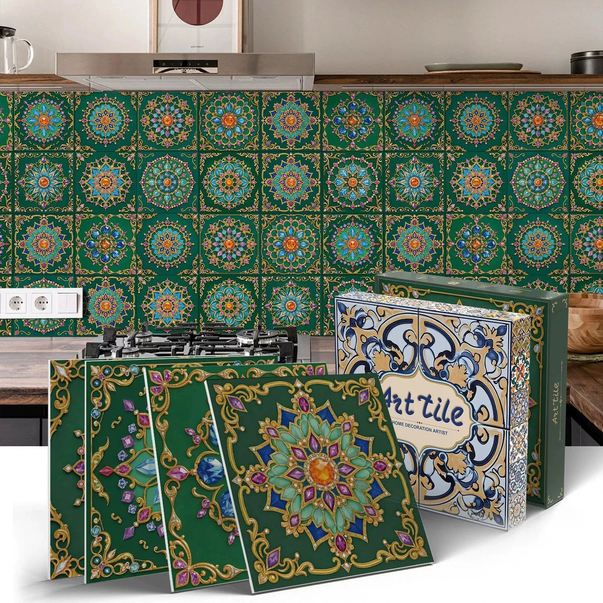 Peel-and-stick mosaic backsplash stickers with teal and gold circular tile designs