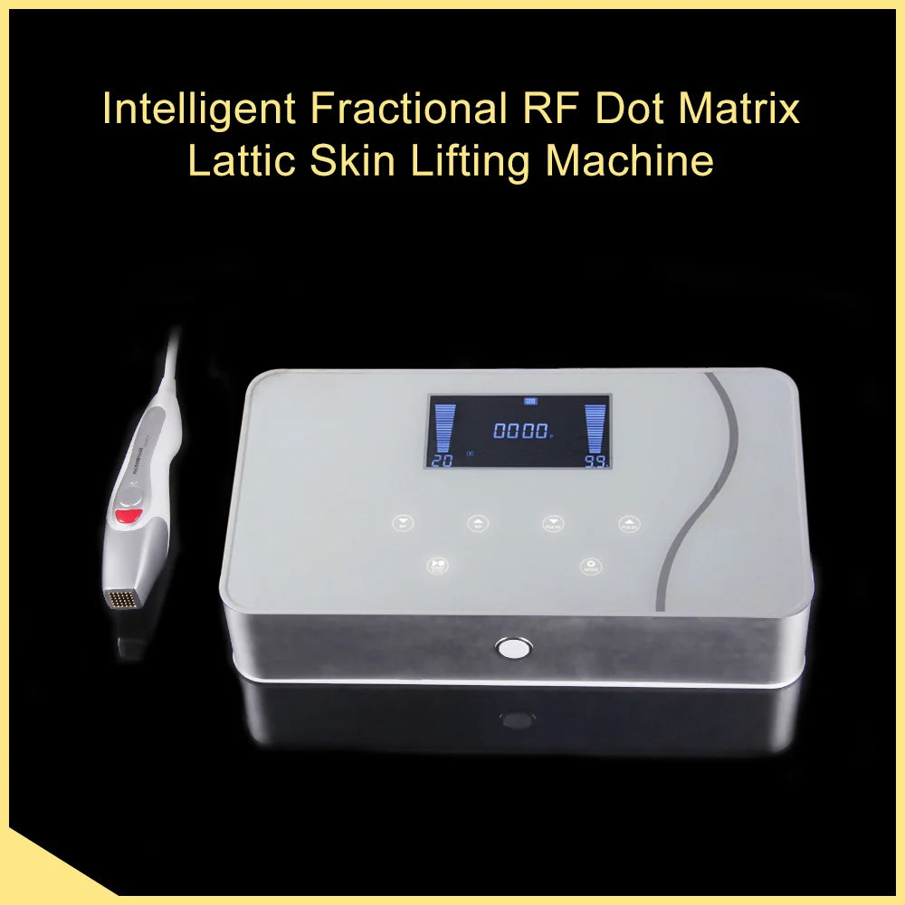 White Fractional RF Dot Matrix skin lifting machine with digital display and handpiece for home anti-aging therapy.