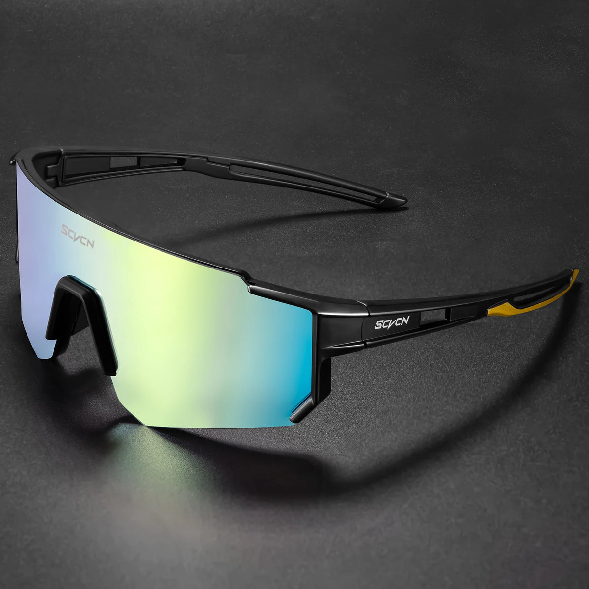 Black cycling sunglasses with green-blue mirrored lens and wraparound sports frame