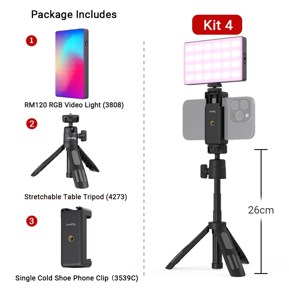 Vlogging kit with RM120 RGB LED light, stretchable 26cm tripod, and phone clip for mobile content creation.