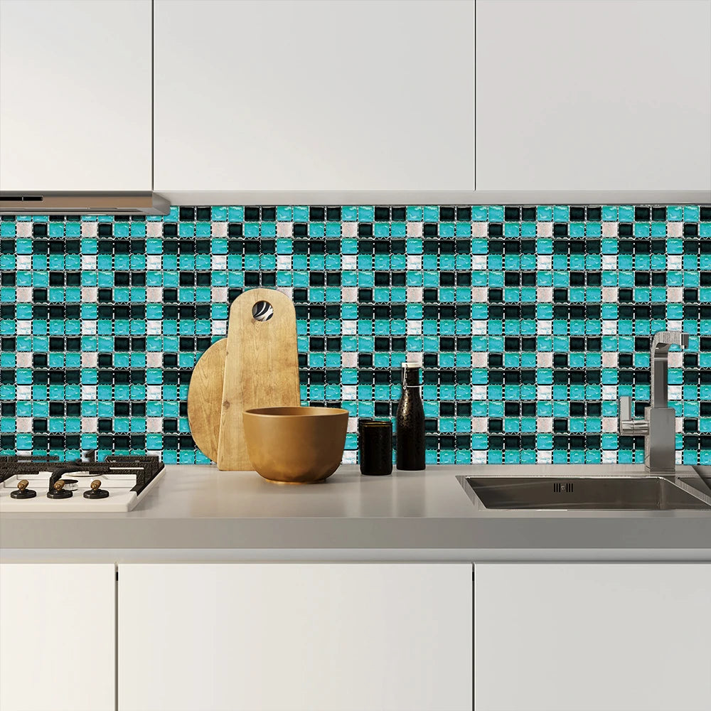 10pcs Flat Mosaic Style Tiles Sticker Kitchen Bathroom Waterproof & Oilproof Art Wall Sticker Peel & Stick Surface Glossy Film