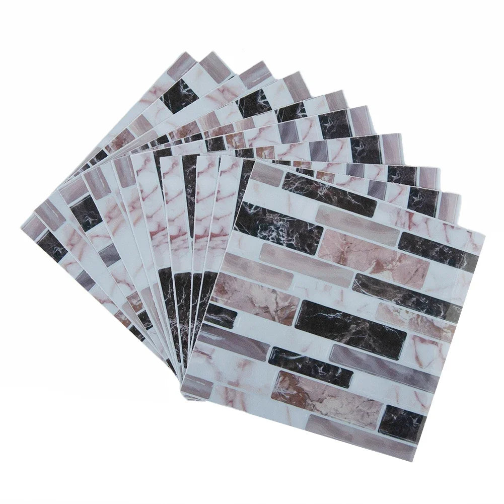 3D mosaic tile wall sticker sheet, white and pink marbled brick strips with dark accents