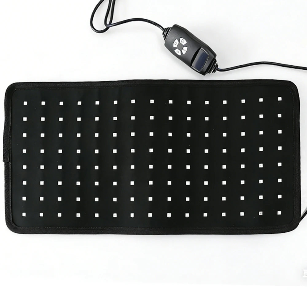 Black LED red light therapy waist belt with 120 bulbs, remote control, and hot compress for back pain relief.