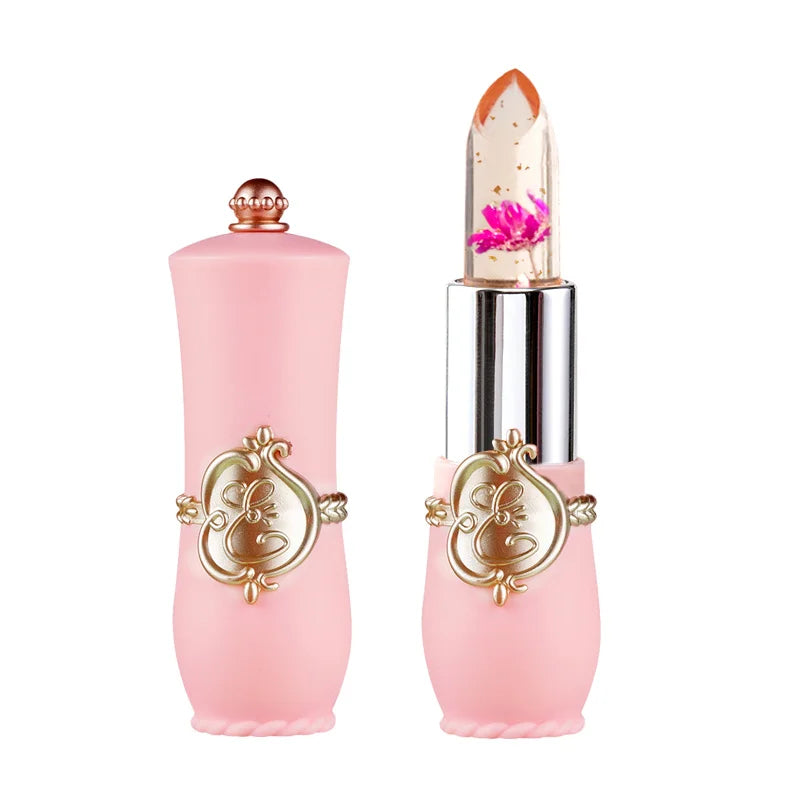 Crystal flower jelly lipstick with gold flakes in a pink, vintage-style case. Moisturizing color-changing lip balm.