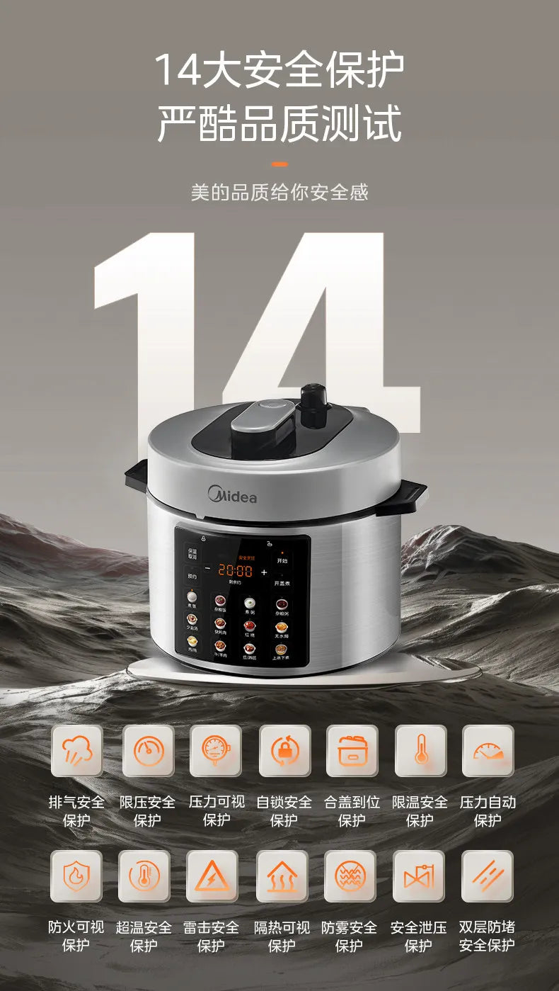 Stainless steel electric pressure cooker with safety icons on front display.