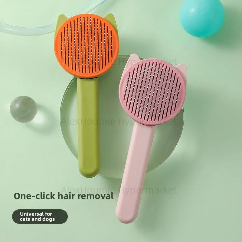 Orange and pink cat-shaped self-cleaning grooming brushes for effective pet hair removal for cats and dogs.