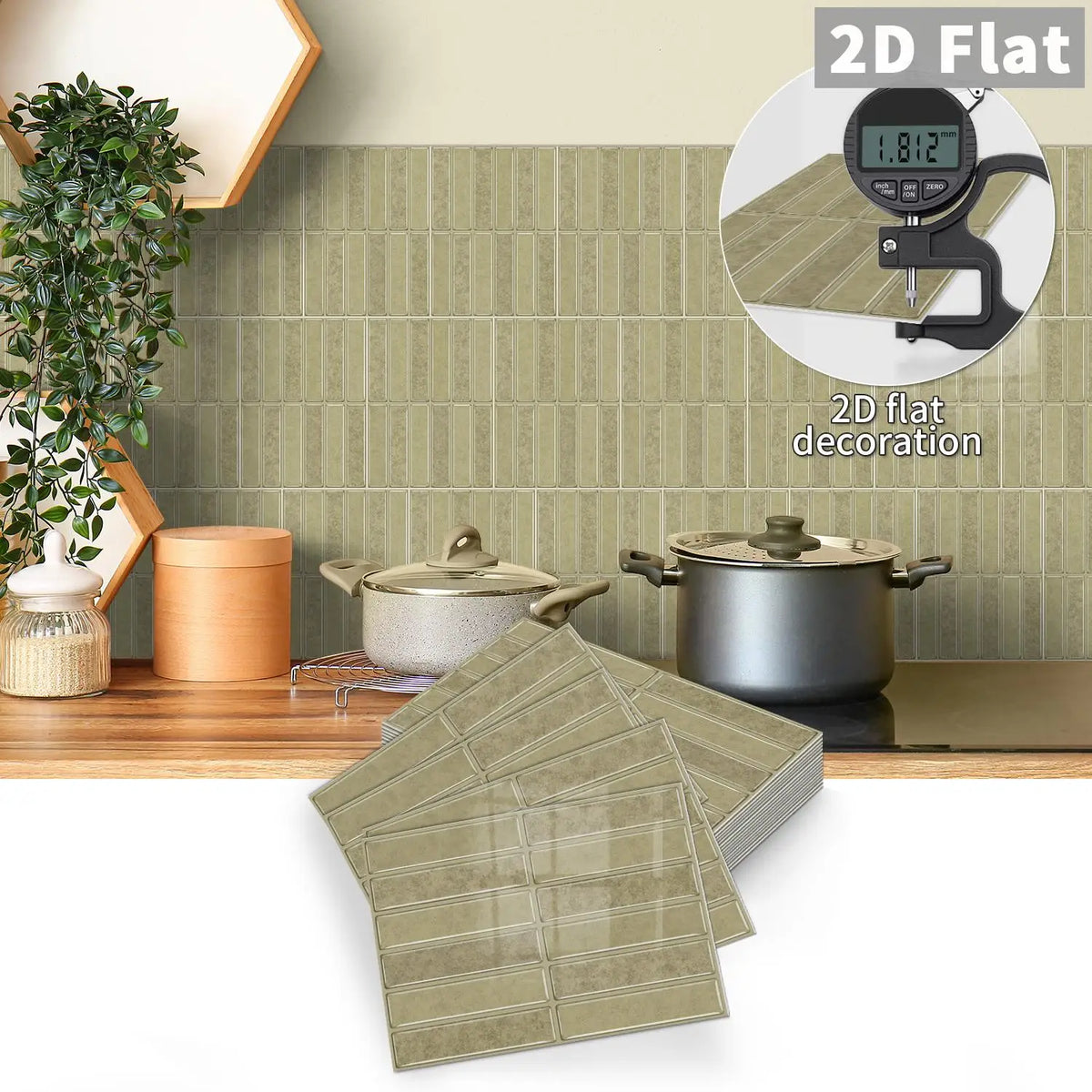 Peel-and-stick tile decals, sage green square tiles with grid lines and slight texture