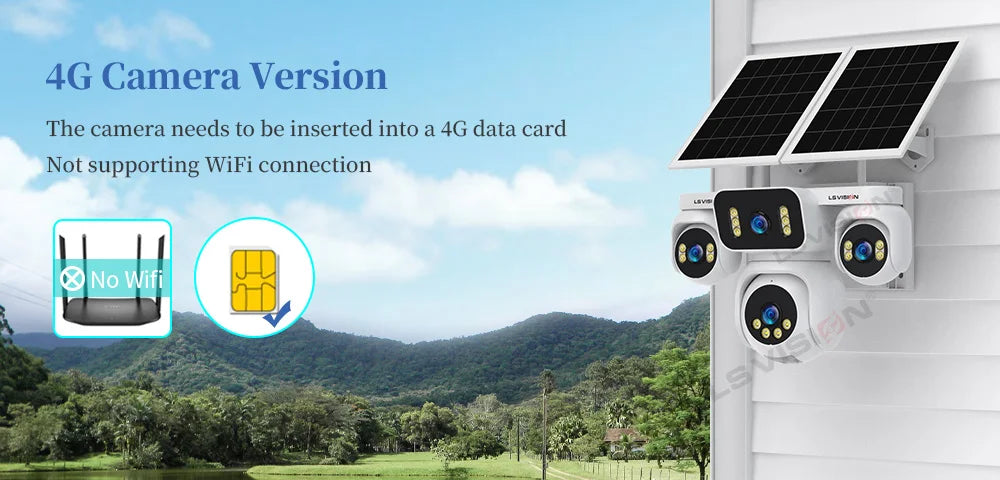 LS VISION 20MP Four Screens Solar Security Camera Outdoor 12X Zoom 4-Lens 4G Sim Ai Tracking Waterproof CCTV 24/7 Recording AOV