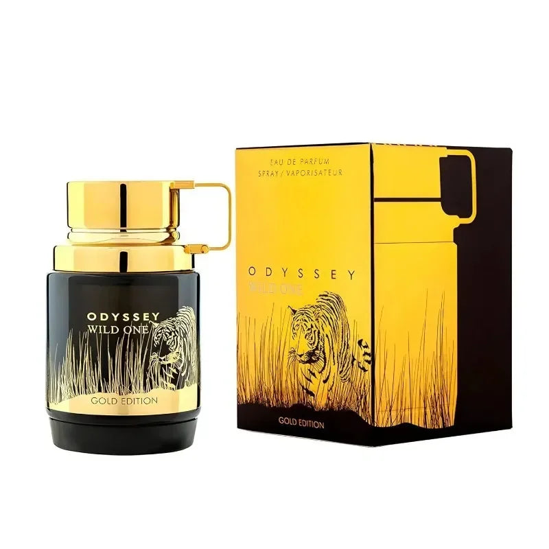 Armaf Odyssey Wild One Gold Edition EDP: 100ml black and gold tiger-print bottle, Arabian men's fragrance from Dubai.