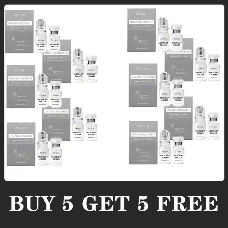 Zyvarn micro-infusion serum kits shown in a set of ten, each with a grey box and two small white skincare vials.