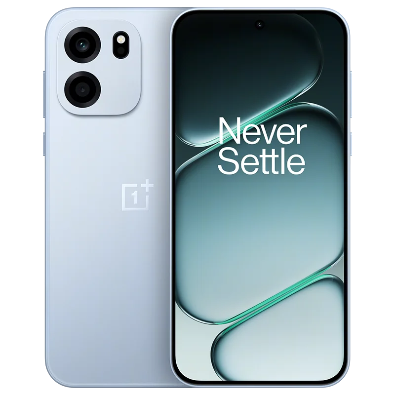 OnePlus Turbo 6V light blue smartphone, 50MP dual-camera, 6.78" AMOLED 144Hz display, front and rear view.