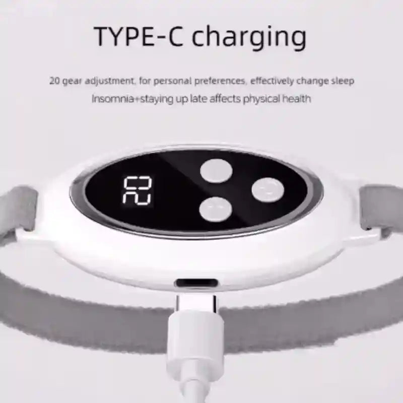 White microcurrent sleep aid device with Type-C charging, digital display, and 20 gear pulse massage settings.