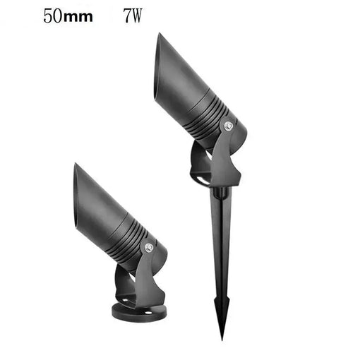 Black outdoor LED spike lawn spotlights with angled cylindrical light heads