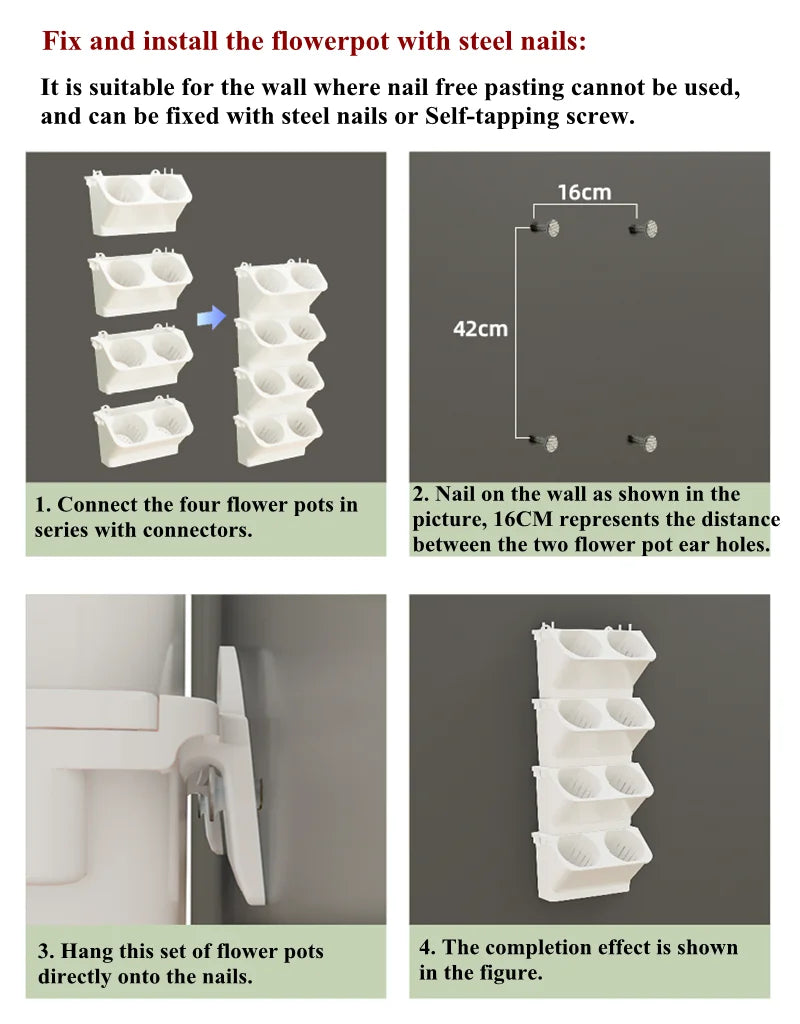 White modular vertical flowerpot set mounted with wall nails and connectors
