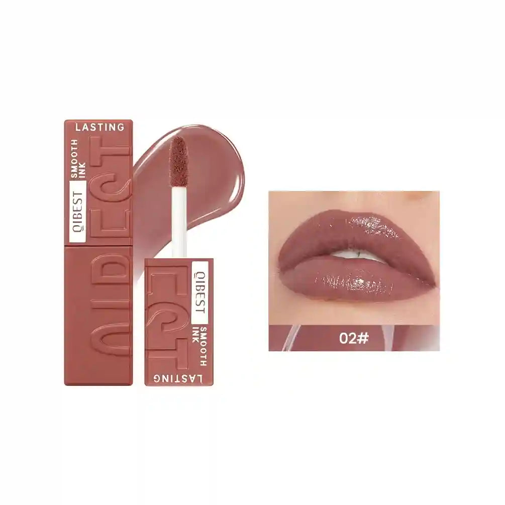 QIBEST moisturizing watery lip glaze in shade 02, featuring a glossy mirror finish and smooth, lasting mauve-nude color.